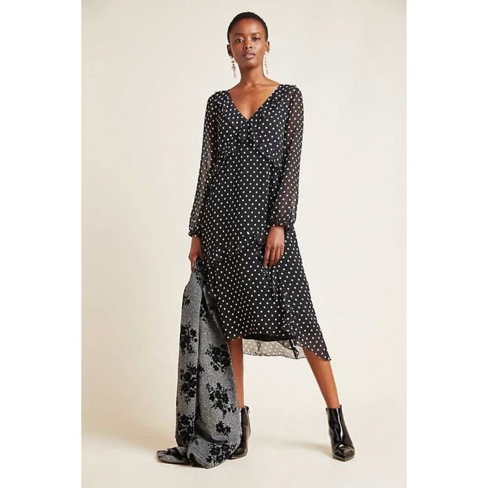 Anthropologie Black and White Polka Dot Long Sleeve Dress - Picture 2 of 7